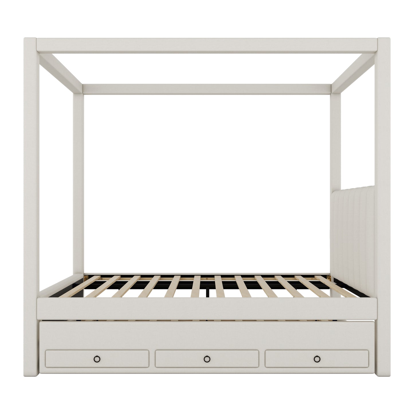 Full Size Upholstery Canopy Platform Bed with Trundle and Three Storage Drawers, Beige