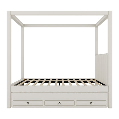 Full Size Upholstery Canopy Platform Bed with Trundle and Three Storage Drawers, Beige