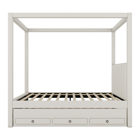 Full Size Upholstery Canopy Platform Bed with Trundle and Three Storage Drawers, Beige