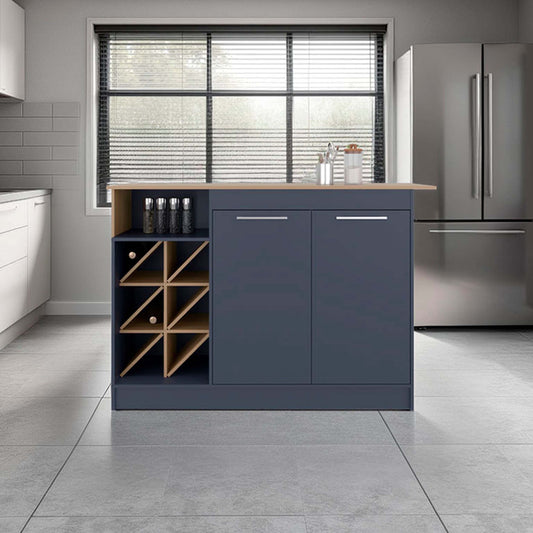 Kronos Azul and Natural Oak Kitchen Cabinet with Island, Bottle Rack and Shelf