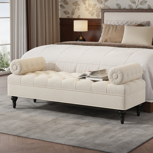 Modern Bedroom Bench,Bench for End of Bed,Velvet Upholstered Bench with 2 Detachable Pillows,Comfy Upholstered Footstool,Ottoman  for Bedroom,Living Room, Entryway,Beige