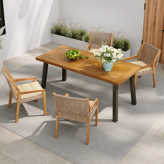 Outdoor Dining Set – Premium Acacia Wood Della Table & Wicker Chairs with Cream Cushion for Comfortable Dining Experience,Suitable for large gatherings(1 Table + 4 Chairs)