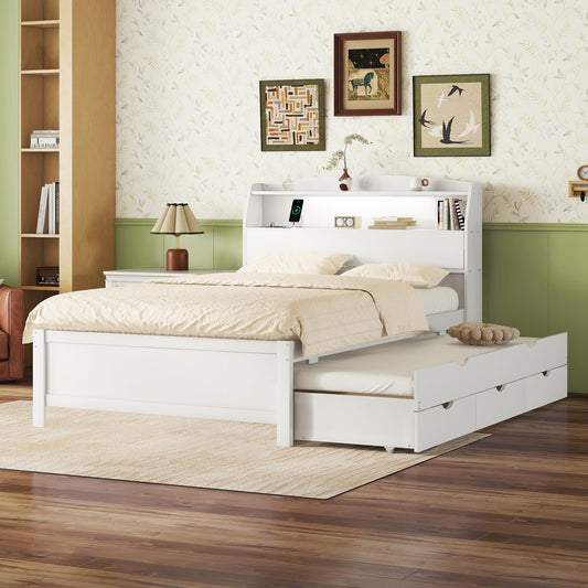 Full Size Wooden LED Platform Bed with Trundle, with Storage Headboard, with Drawers, White(Old SKU: N820S00009K)
