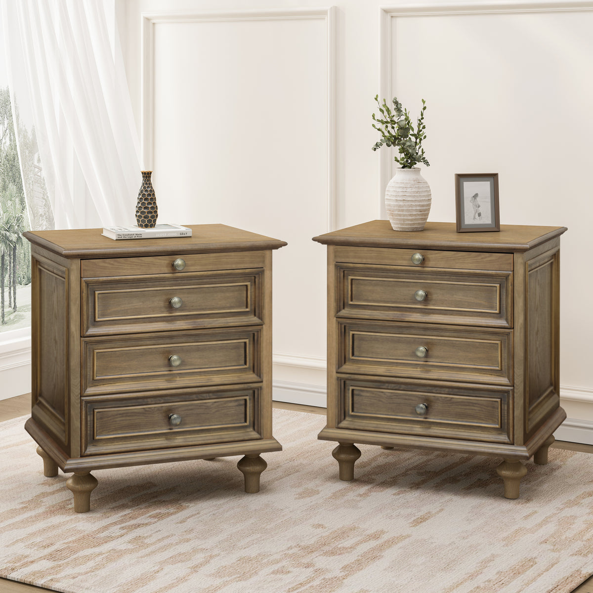 Farmhouse Nightstands Set of 2 with 4 Drawer,Wood Storage End Table with Hidden Pull-Out Shelf, Large Side Table with 4 Solid Wood Feet and Metal Handle,Easy Assembly,Light Brown