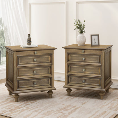 Farmhouse Nightstands Set of 2 with 4 Drawer,Wood Storage End Table with Hidden Pull-Out Shelf, Large Side Table with 4 Solid Wood Feet and Metal Handle,Easy Assembly,Light Brown