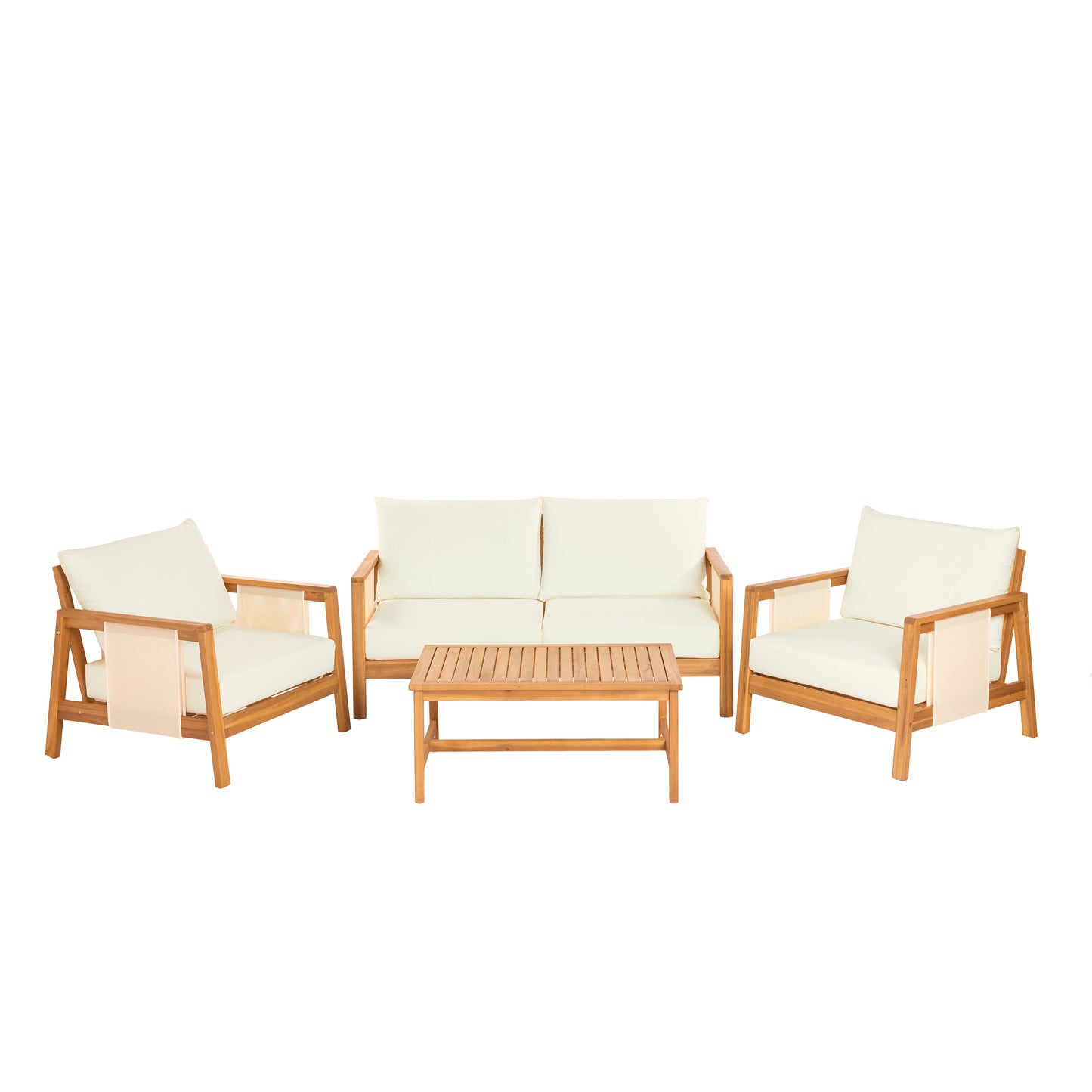 4-Pieces Sofa Set with Cushions Outdoor Loveseat & Coffee Table Set – Acacia Wood Frame with Brown Textilene, Water-Repellent Beige Cushions (Teak Finish) for Patio/Backyard/Deck