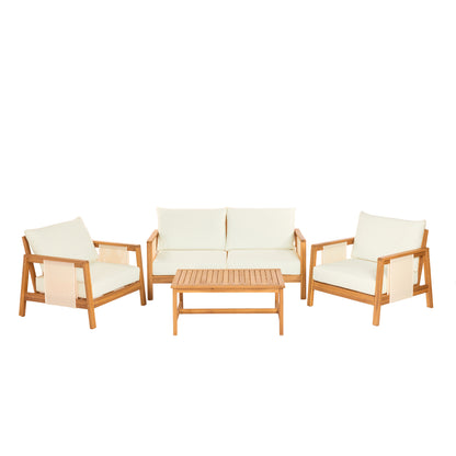 4-Pieces Sofa Set with Cushions Outdoor Loveseat & Coffee Table Set – Acacia Wood Frame with Brown Textilene, Water-Repellent Beige Cushions (Teak Finish) for Patio/Backyard/Deck