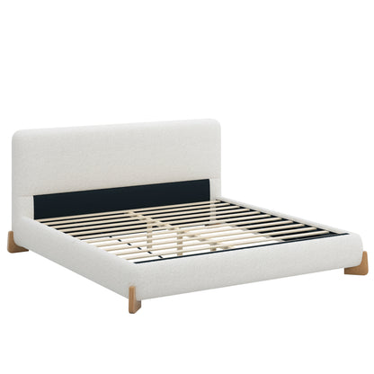 Elegant Boucle Upholstered Bed, King Size, White, Soft Luxurious Fabric with Solid Wood Feet and 12 Wooden Slats for Superior Support