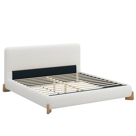 Elegant Boucle Upholstered Bed, King Size, White, Soft Luxurious Fabric with Solid Wood Feet and 12 Wooden Slats for Superior Support