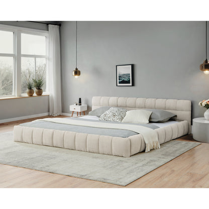 California King size Upholstered Bed Frame with Thick Fabric, Chenille Fabric Grounded California King Platform Bed with Headboard and Solid Frame. No Box Spring Needed-Beige(90.5''*80.5''*31'')