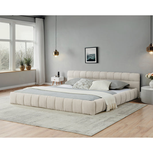California King size Upholstered Bed Frame with Thick Fabric, Chenille Fabric Grounded California King Platform Bed with Headboard and Solid Frame. No Box Spring Needed-Beige(90.5''*80.5''*31'')