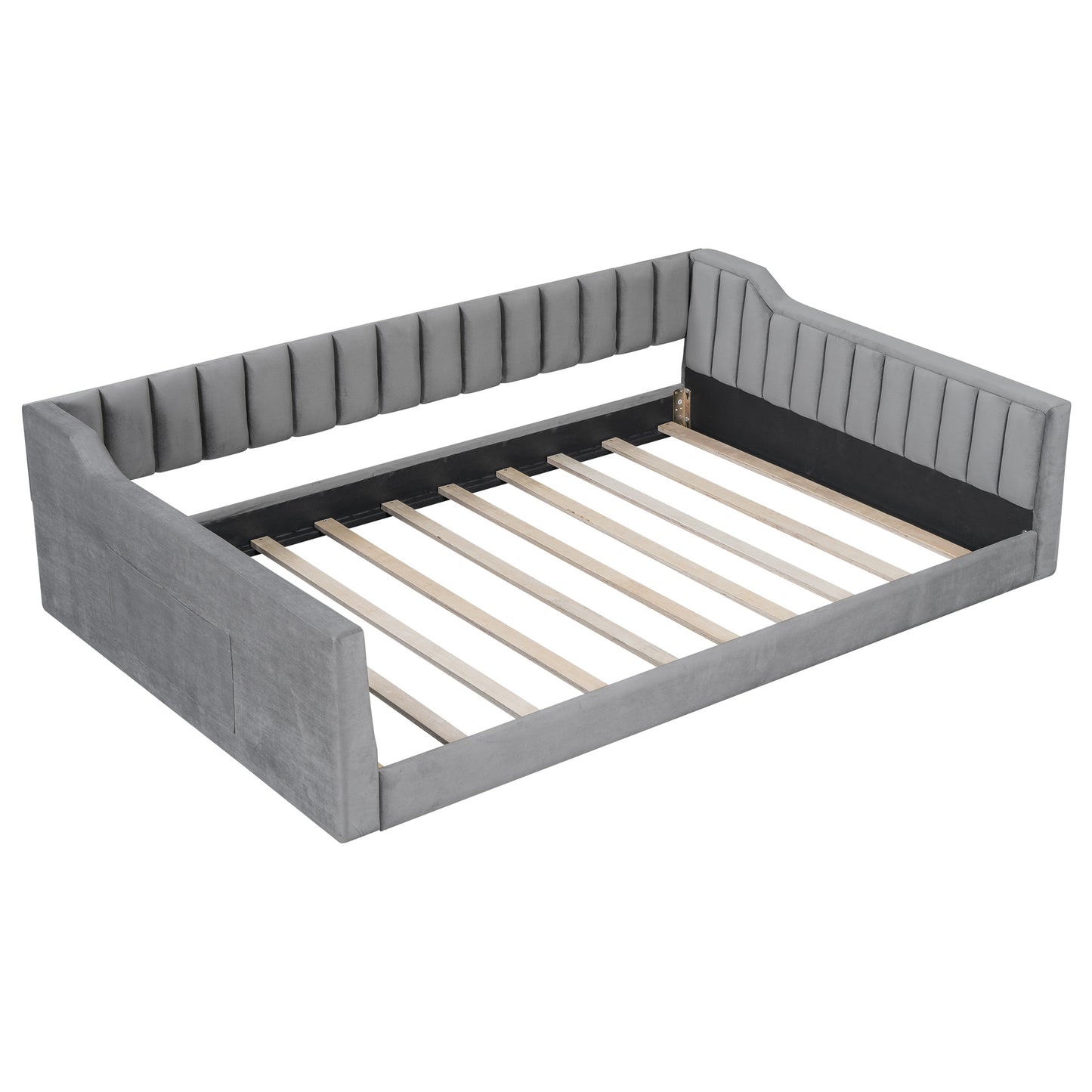 Gray Velvet Upholstered Full XL Daybed with Side Storage and Tapered Legs, Modern Lounge Furniture for Living Room or Guest Room