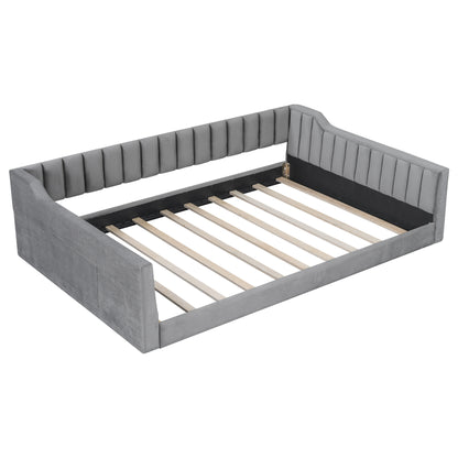 Gray Velvet Upholstered Full XL Daybed with Side Storage and Tapered Legs, Modern Lounge Furniture for Living Room or Guest Room