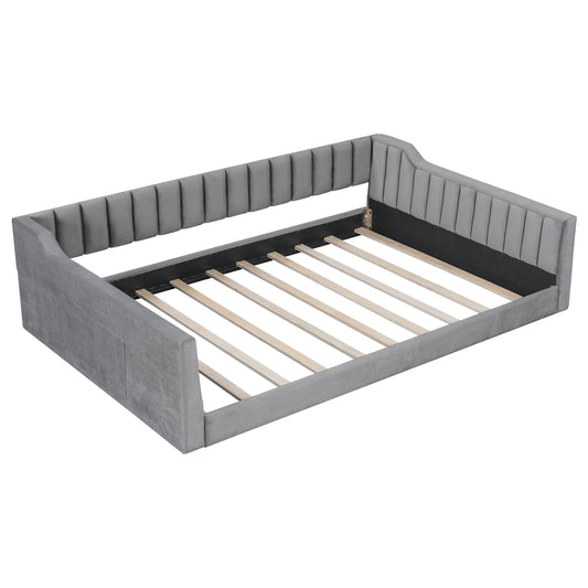 Gray Velvet Upholstered Full XL Daybed with Side Storage and Tapered Legs, Modern Lounge Furniture for Living Room or Guest Room