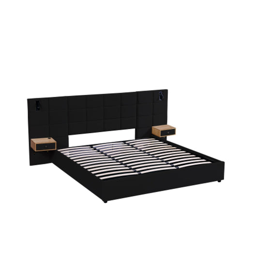 Modern King Size Velvet Upholstered Hydraulic Platform Bed with Storage Shelves, Reading Lamps, USB Port, Black Velvet and Solid Wood Frame