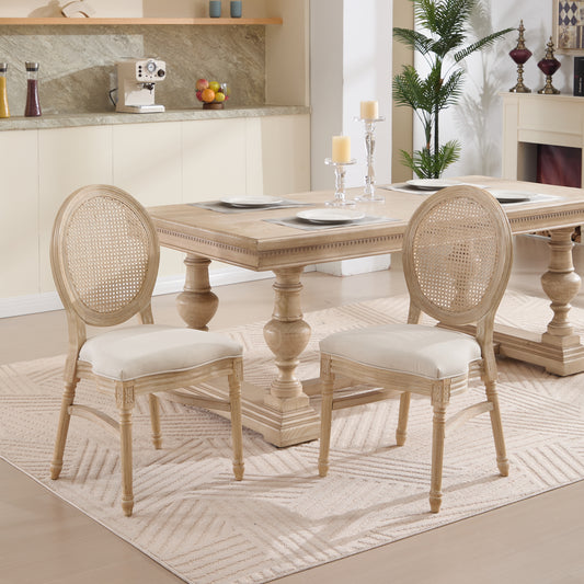 French Country Dining Chairs Set of 2, Upholstered  Chairs with Nature Rattan Round Back, Wire drawing and carving techniques ,Disassemblable and Stackable,  for Living Room, Kitchen , Restaurant Use