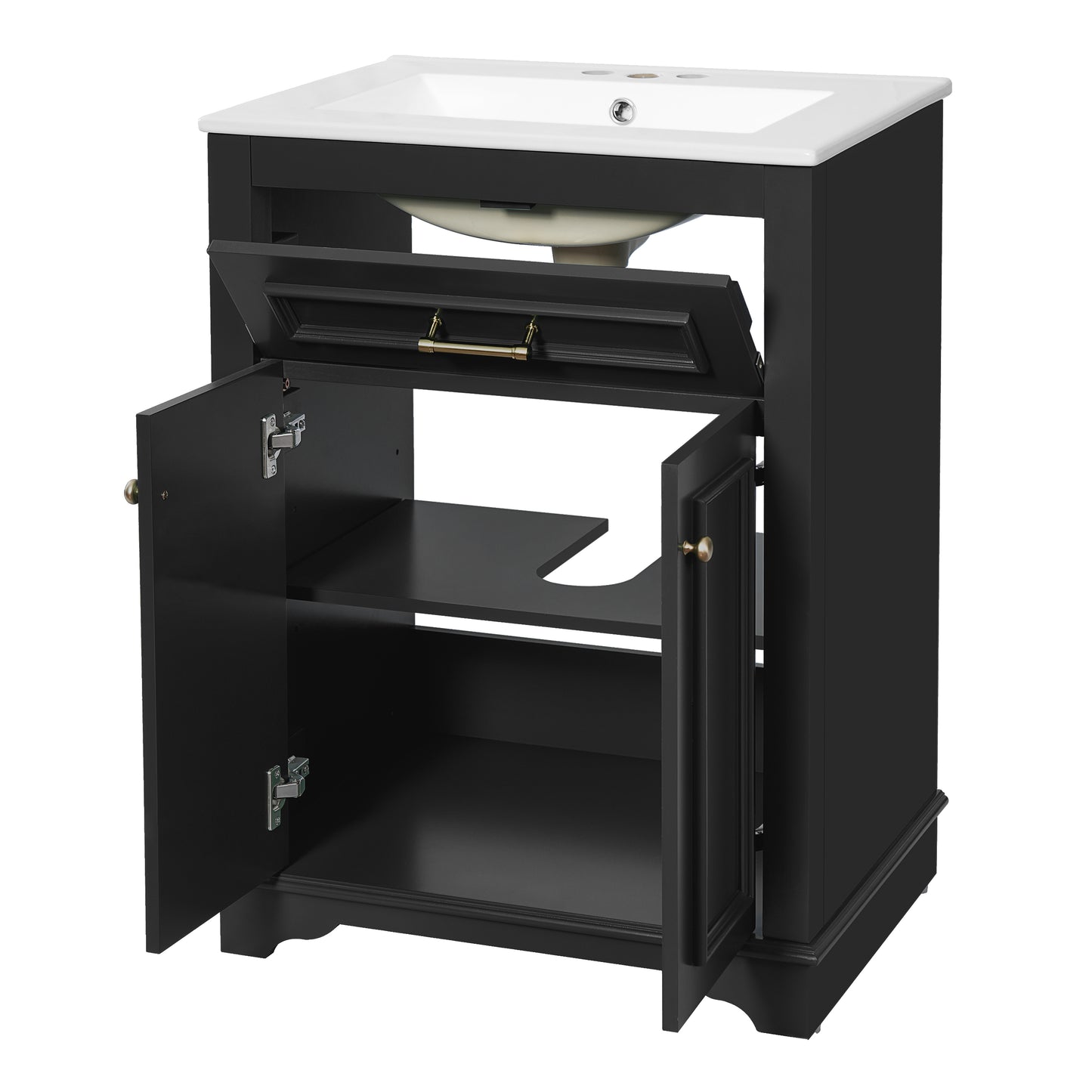 24' Modern Black Bathroom Vanity with Integrated Ceramic Sink, 2-Door Cabinet with Tip-Out Drawer, Rectangular Design for Small to Medium Bathrooms