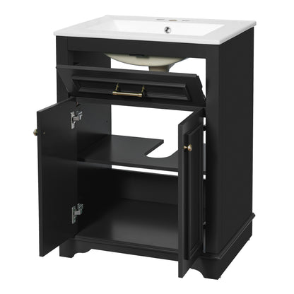 24' Modern Black Bathroom Vanity with Integrated Ceramic Sink, 2-Door Cabinet with Tip-Out Drawer, Rectangular Design for Small to Medium Bathrooms