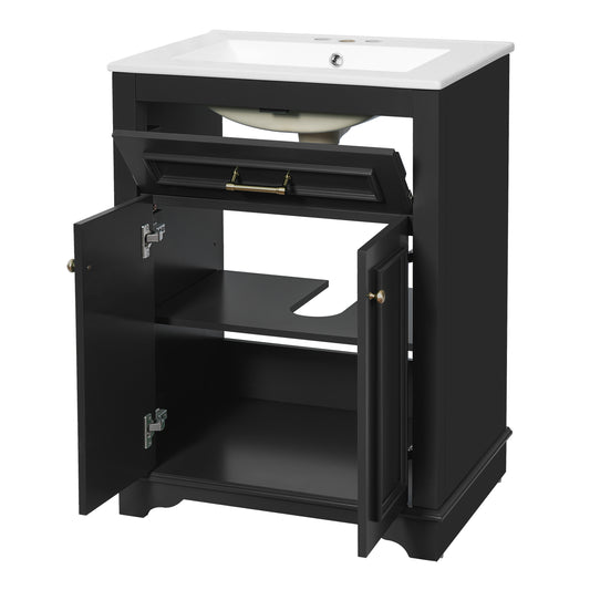 24' Modern Black Bathroom Vanity with Integrated Ceramic Sink, 2-Door Cabinet with Tip-Out Drawer, Rectangular Design for Small to Medium Bathrooms