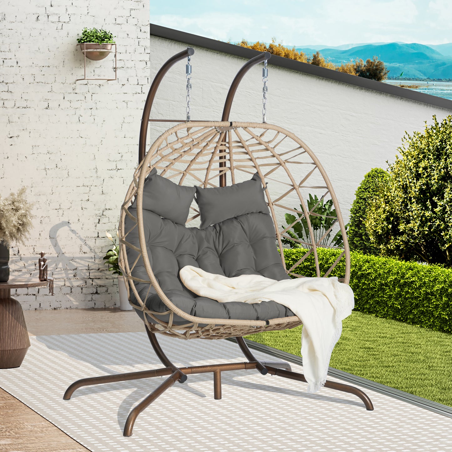 Double Egg Chair with Stand Hanging Indoor Outdoor Wicker Rattan Patio Basket Egg Swing Chair Hammock Egg Chairs with UV Resistant Cushions 600 lbs for Bedroom Balcony Patio