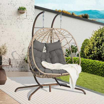 Double Egg Chair with Stand Hanging Indoor Outdoor Wicker Rattan Patio Basket Egg Swing Chair Hammock Egg Chairs with UV Resistant Cushions 600 lbs for Bedroom Balcony Patio