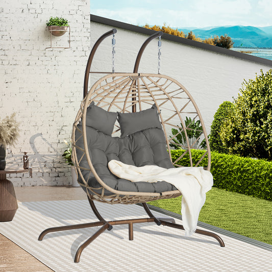 Double Egg Chair with Stand Hanging Indoor Outdoor Wicker Rattan Patio Basket Egg Swing Chair Hammock Egg Chairs with UV Resistant Cushions 600 lbs for Bedroom Balcony Patio
