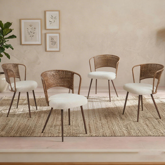 Wicker dining chairs - 4-piece set - Farmhouse soft padded cane back kitchen chair with sponge cushion, wing-back dining chair with metal legs, suitable for home and kitchen (dark brown)