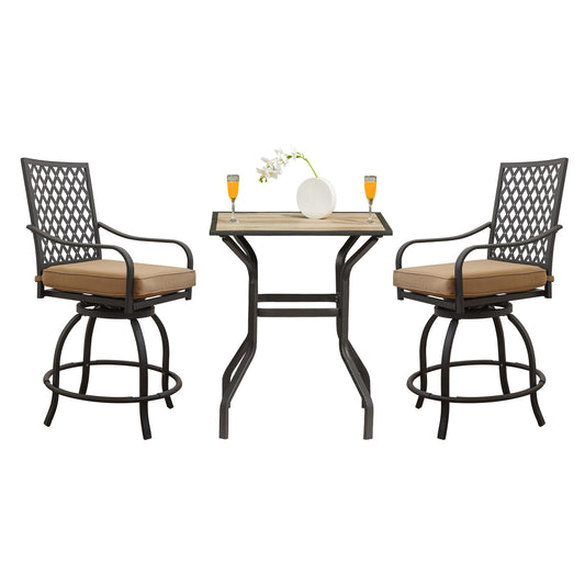 Outdoor Living 3 Pieces Patio Bar Set with Swivels Bar Stools and Top Table, Outdoor Bistro Set for Garden Balcony Backyard Deck, High Bar Chairs with Seat Cushion,Khaki