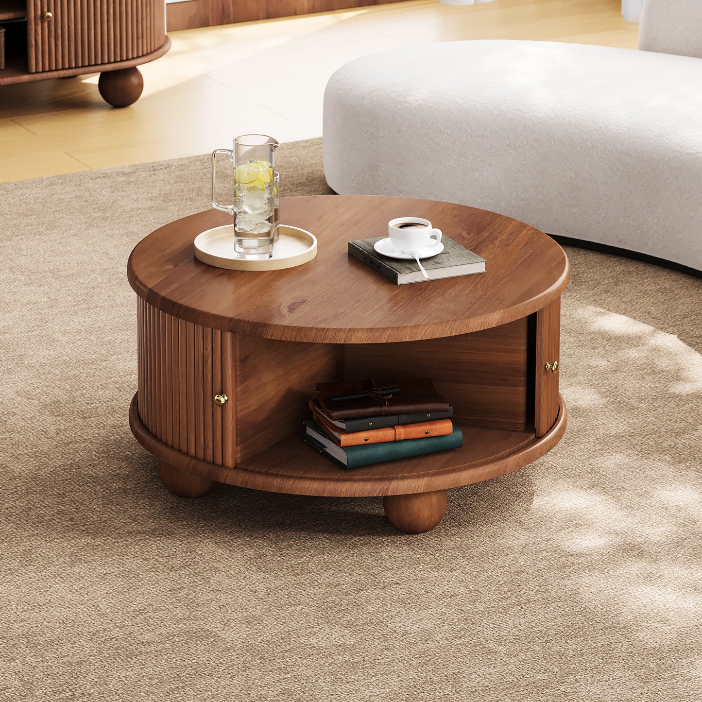 Round Fluted Coffee Table with Storage, Pine Solid Wood, Sliding Door, Walnut, 31.8'