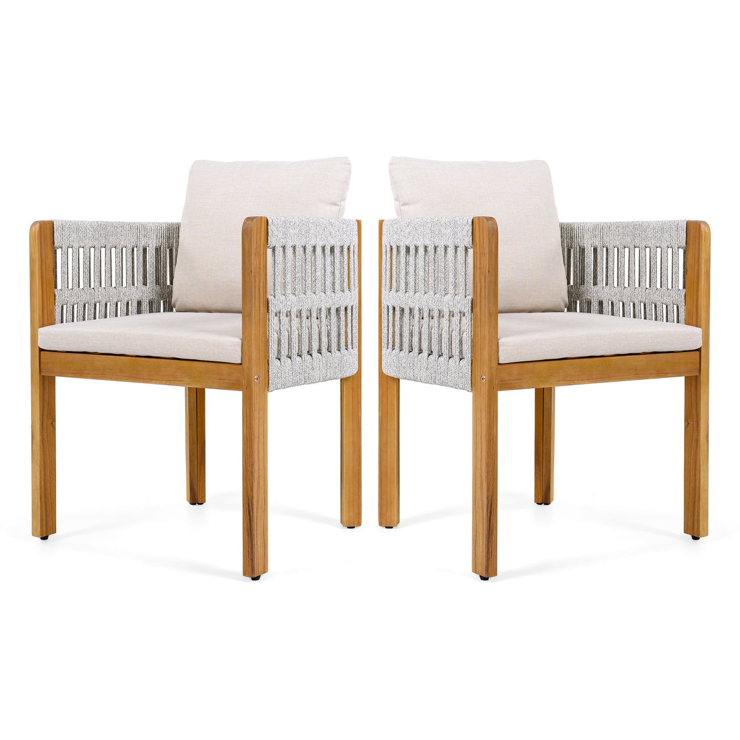 Acacia Wood Outdoor Dining Chairs 2-Pack with Mix White Rope Handles, Washable Waterproof Beige Cushions, 400 lbs Capacity