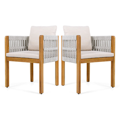 Acacia Wood Outdoor Dining Chairs 2-Pack with Mix White Rope Handles, Washable Waterproof Beige Cushions, 400 lbs Capacity