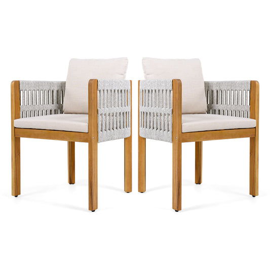 Acacia Wood Outdoor Dining Chairs 2-Pack with Mix White Rope Handles, Washable Waterproof Beige Cushions, 400 lbs Capacity