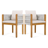 Acacia Wood Outdoor Dining Chairs 2-Pack with Mix White Rope Handles, Washable Waterproof Beige Cushions, 400 lbs Capacity