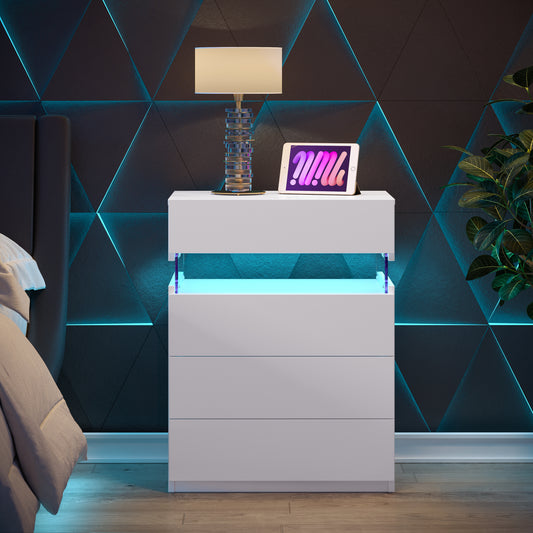 Nightstand with LED Lights, Bedside Table, Side Table with 4 Drawers, Modern Style,White