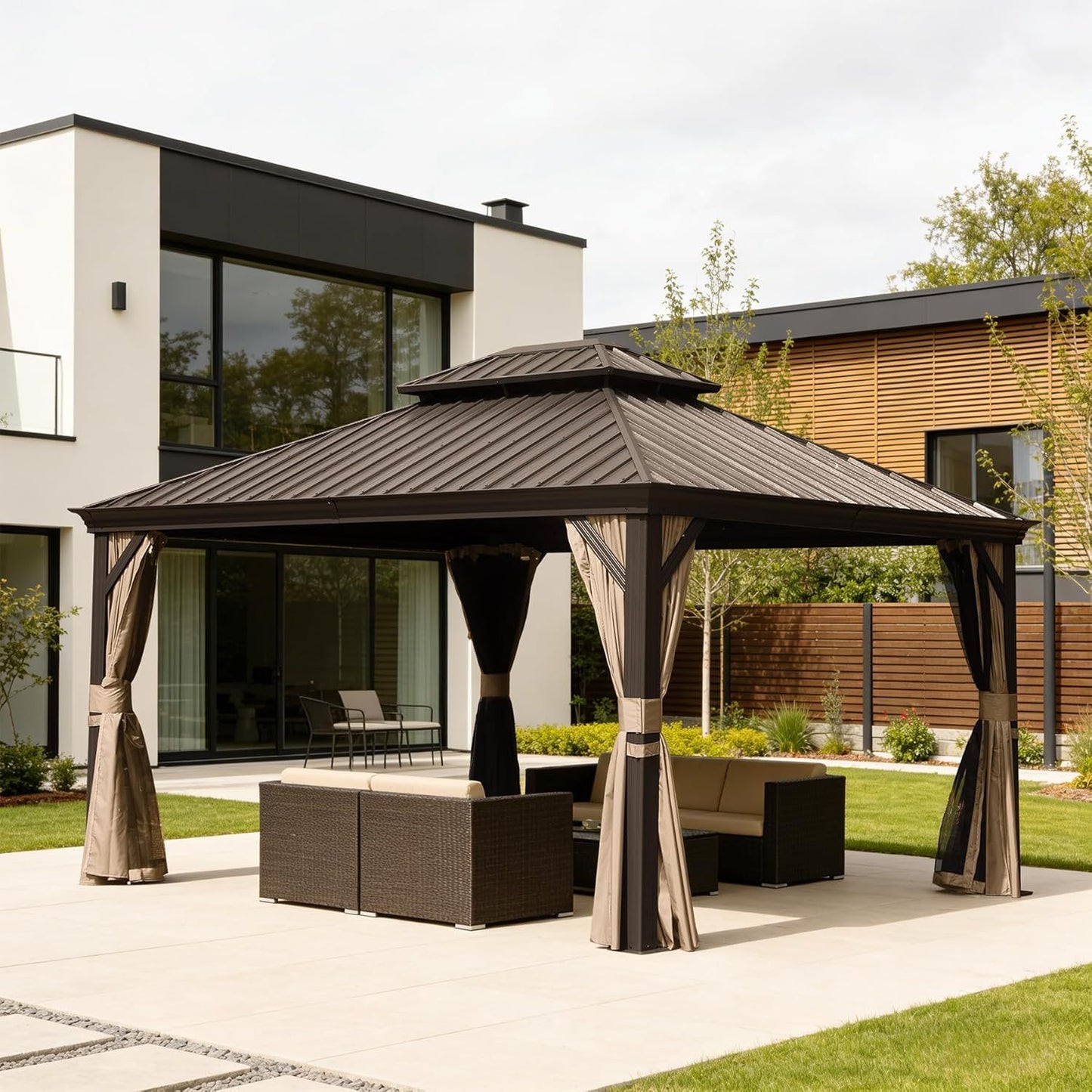 11x13FT Outdoor Gazebo, Hardtop Gazebo with Galvanized Steel Double Roof, Metal Gazebos with Drainage System Patio Pergola for Patio Deck Backyard,Curtain and Netting,Brown