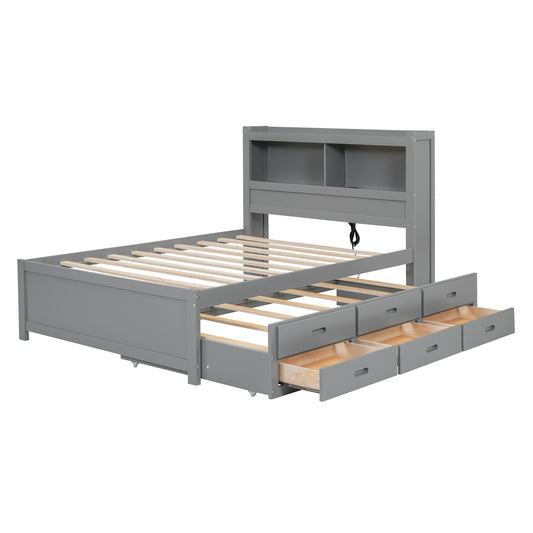 Modern Gray Full Size Platform Bed with Trundle, Drawers, USB Ports and Built-in Shelves, Pine Wood Construction