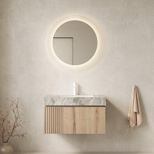 MURI 30' Bathroom Vanity&Sink, Floating Plywood Storage Cabinet with Drawer&Door, Light Gray Sintered Stone Top&Ceramic Basin with 1 Pre-drilled Faucet Hole, Pre-assembled, White Oak Woodgrain Color