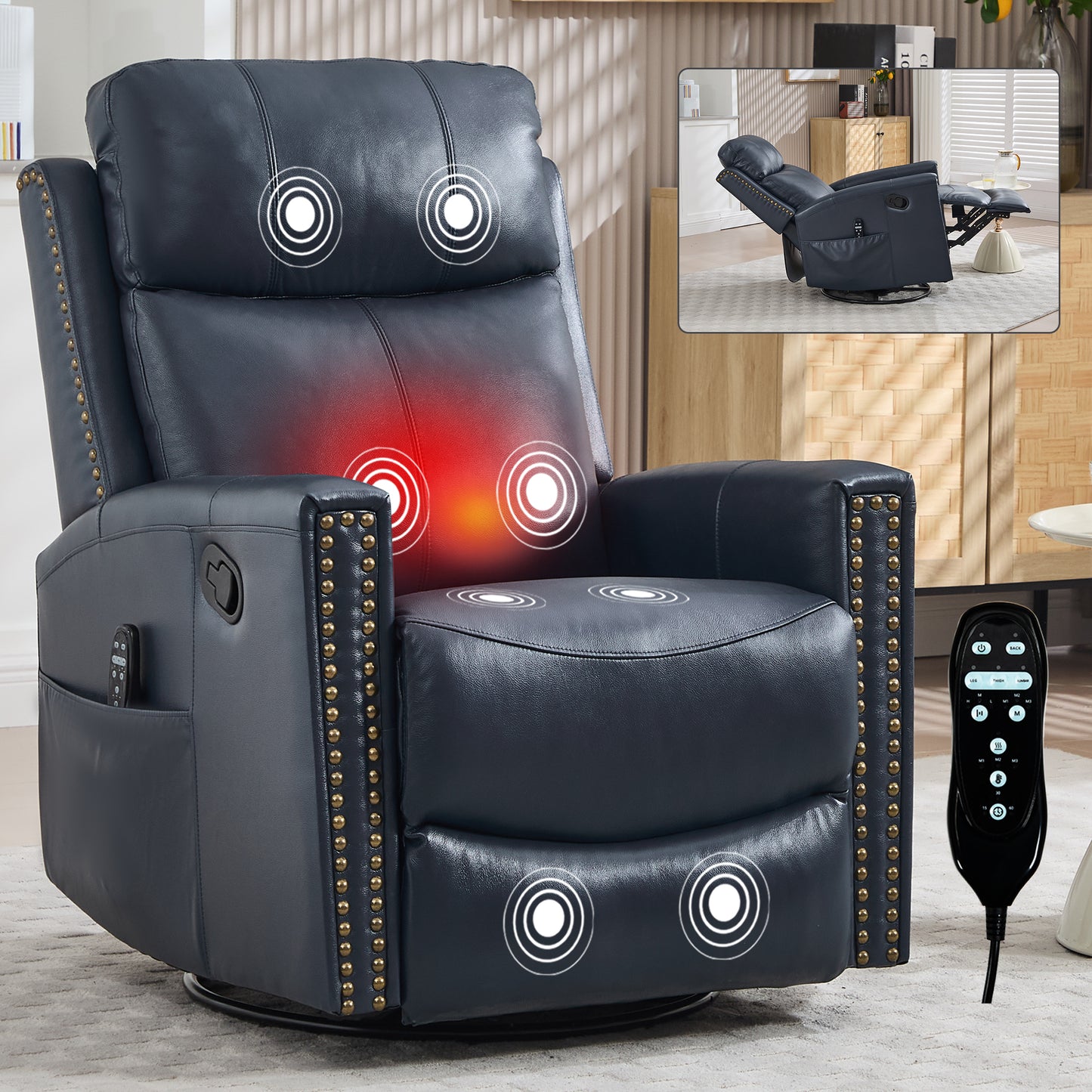 Blue Genuine Leather Heat Massage Manual Recliner Chair with Rocker and Swivel for Living Room