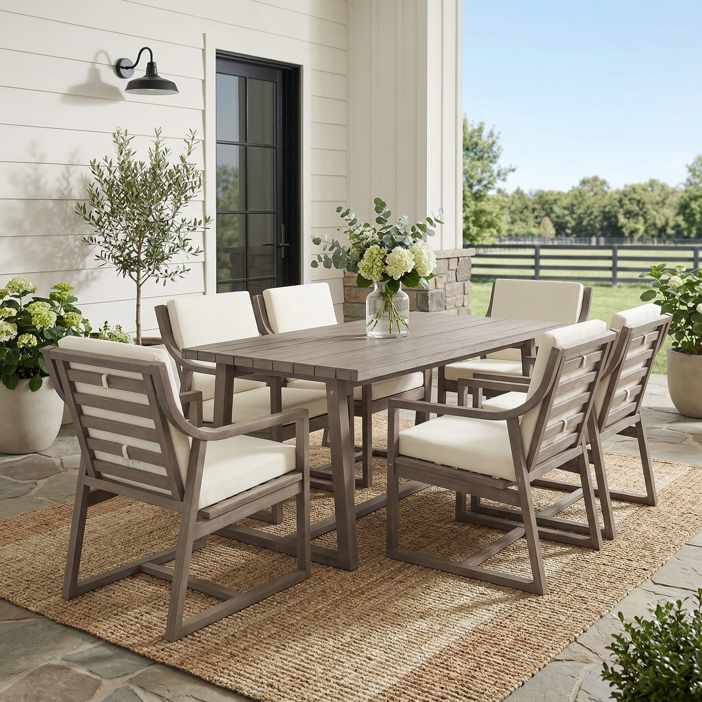 Outdoor Dining Set 7-Piece Outdoor Dining Set Patio Table And Chairs Set Modern Outdoor Furniture Set for Patio, Backyard, Garden, Black Brown Wood +Beige Cushion