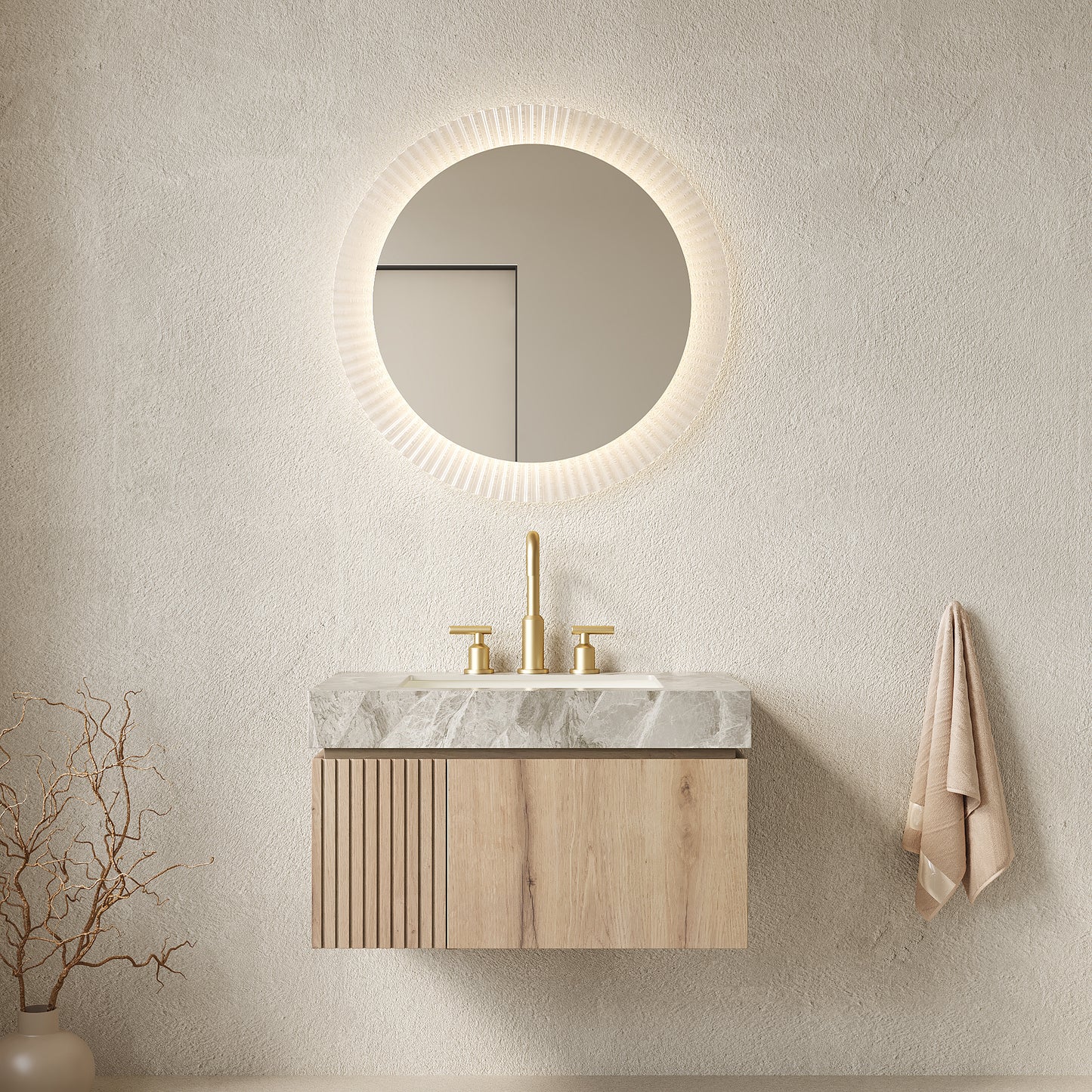 MURI 30' Bathroom Vanity&Sink, Floating Plywood Storage Cabinet with Drawer&Door, Light Gray Sintered Stone Top&Ceramic Basin with 3 Pre-drilled Faucet Holes, Pre-assembled, White Oak Woodgrain Color
