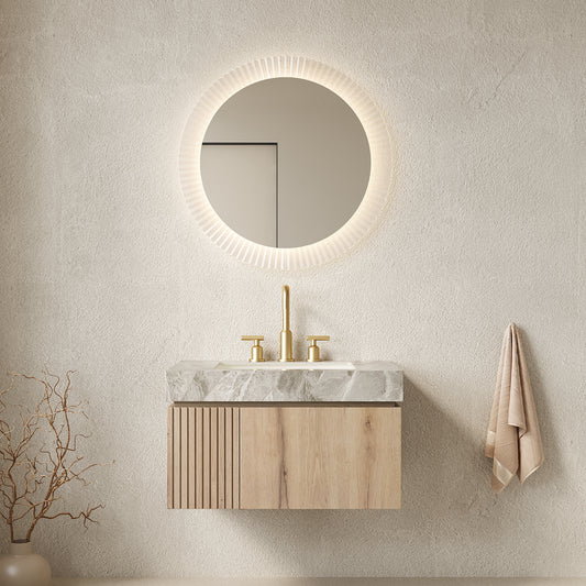 MURI 30' Bathroom Vanity&Sink, Floating Plywood Storage Cabinet with Drawer&Door, Light Gray Sintered Stone Top&Ceramic Basin with 3 Pre-drilled Faucet Holes, Pre-assembled, White Oak Woodgrain Color
