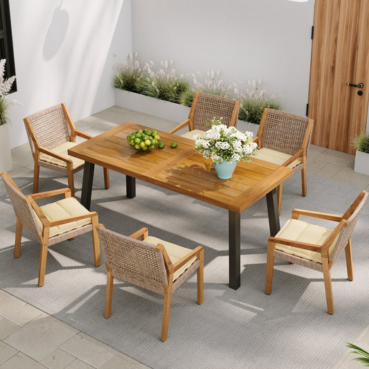 Outdoor Dining Set – Premium Acacia Wood Della Table & Wicker Chairs with Cream Cushion for Comfortable Dining Experience,Suitable for large gatherings(1 Table + 6 Chairs)