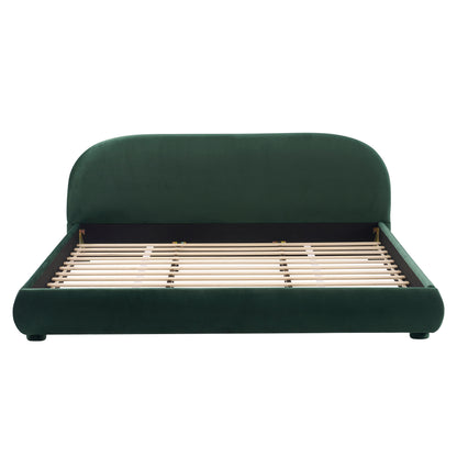 Dark Green Velvet Soft Bed with Curved Headboard, Light Luxury Texture in Fabric and Foam, King Size