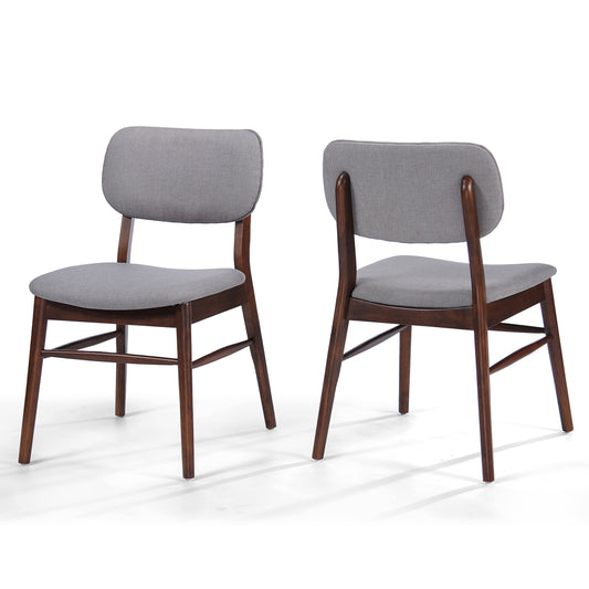 Mid-Century Upholstered Dining Chair Set of 2 in Walnut and Light Gray with Rubberwood Frame