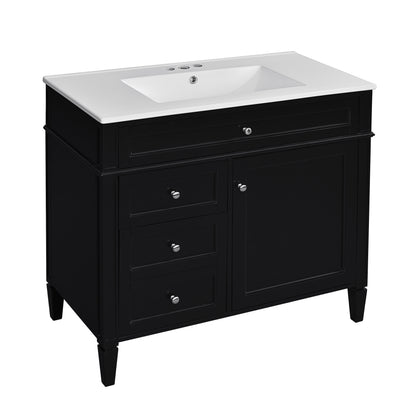 Modern Black Bathroom Vanity with Ceramic Top Sink, 2 Drawers and Tip-out Drawer, 36'' Storage Cabinet with Roman Leg Design