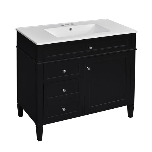 Modern Black Bathroom Vanity with Ceramic Top Sink, 2 Drawers and Tip-out Drawer, 36'' Storage Cabinet with Roman Leg Design