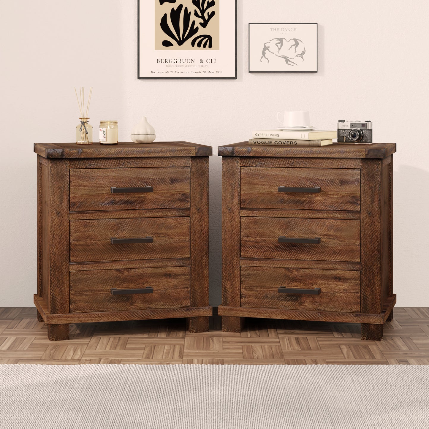 Rustic Three Drawer Reclaimed Solid Wood Farmhouse Nightstand Set of Two (old sku:BS531408AAD)