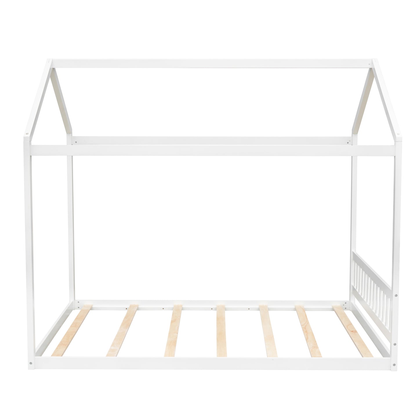 White Queen Size Wooden House Bed with Headboard, Pine Wood and MDF, 82.7''L x 63''W x 70.9''H