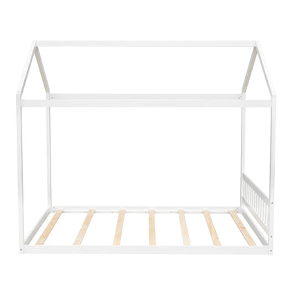 White Queen Size Wooden House Bed with Headboard, Pine Wood and MDF, 82.7''L x 63''W x 70.9''H