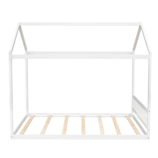 White Queen Size Wooden House Bed with Headboard, Pine Wood and MDF, 82.7''L x 63''W x 70.9''H